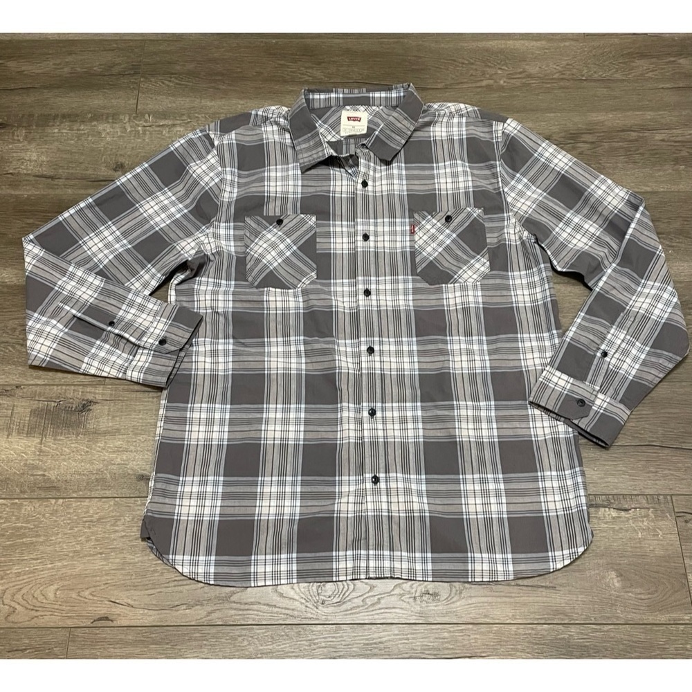 Levi's Mens Blue Gray Plaid Print Button Down Long Sleeve Shirt 2 Pockets XXL.